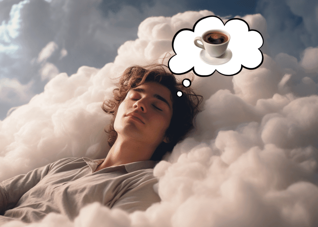 Image d'un consommateur de café à l'endormissement après une tasse de café décaféiné