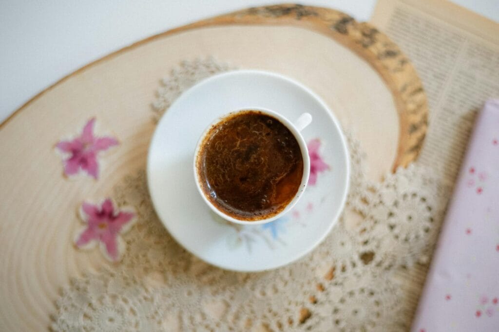 artistic overhead view of coffee in elegant cup